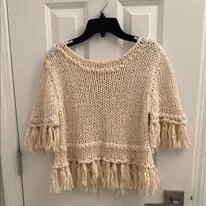 Free People Cream Fringe Scoop Neck Sweater